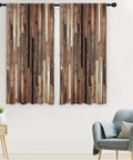 Cozy Farmhouse Brown Curtains With Rustic Barn Door Plank Look, 42W X 63L Rod Pocket Two Panels in living room setting