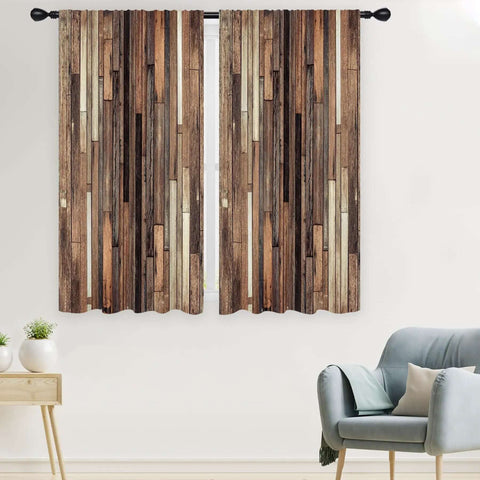 Cozy Farmhouse Brown Curtains With Rustic Barn Door Plank Look, 42W X 63L Rod Pocket Two Panels in living room setting