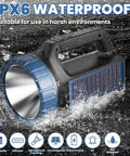 Go To Solar Powered Flashlight With 8000 Lumens Emergency Portable Camping Light, waterproof in water, solar panel visible