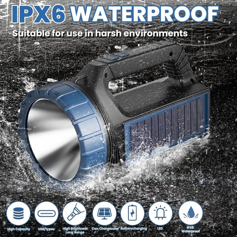 Go To Solar Powered Flashlight With 8000 Lumens Emergency Portable Camping Light, waterproof in water, solar panel visible