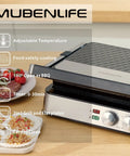 4 Slice Panini Press Contact Grill With Removable Non Stick Coated Plates Temperature Control Timer And Open 180 Degree Design For Cooking Sandwiches Steaks Sausages Quesadillas Half Black Stainless Steel Finish on kitchen counter.