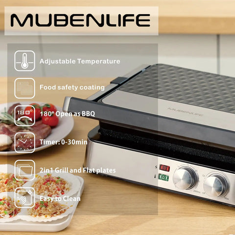 4 Slice Panini Press Contact Grill With Removable Non Stick Coated Plates Temperature Control Timer And Open 180 Degree Design For Cooking Sandwiches Steaks Sausages Quesadillas Half Black Stainless Steel Finish on kitchen counter.