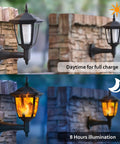 Four Pack Solar Flame Wall Lanterns Outdoor Lights Solar Powered No Wiring Needed Sconce LED Flickering Flame installed on stone wall.