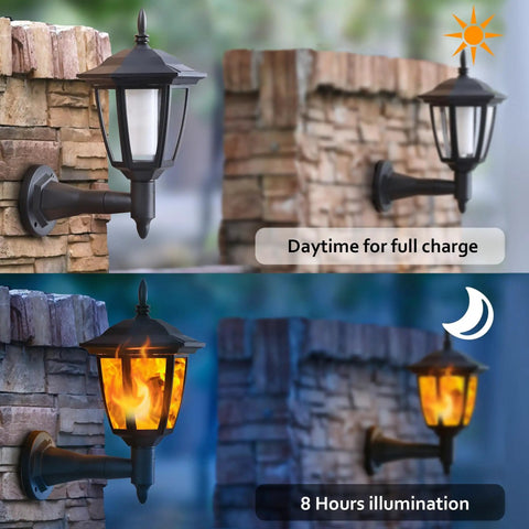 Four Pack Solar Flame Wall Lanterns Outdoor Lights Solar Powered No Wiring Needed Sconce LED Flickering Flame installed on stone wall.