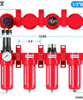 Half Inch NPT Air Drying System With Four Stage Filtration Desiccant Dryer And Regulator For Pneumatic Lines, 0 To 150 PSI, red unit