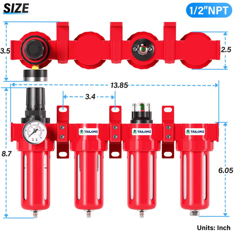 Half Inch NPT Air Drying System With Four Stage Filtration Desiccant Dryer And Regulator For Pneumatic Lines, 0 To 150 PSI, red unit