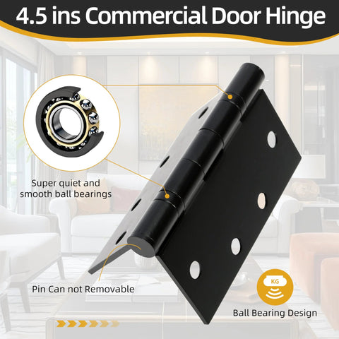 JAVOUKA 4.5-inch black commercial door hinge with ball bearing design, stainless steel, square corners (angled view)