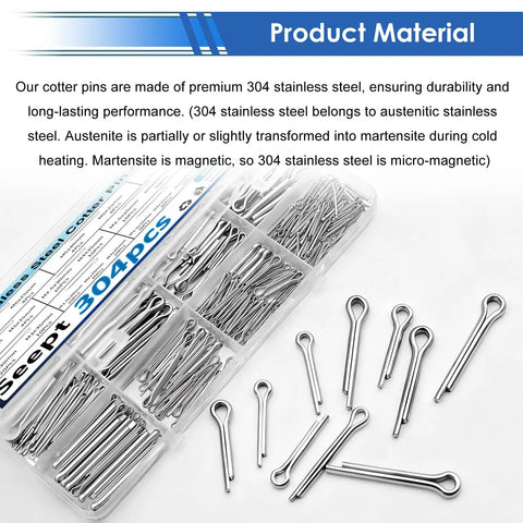 304 Stainless Steel Cotter Pin Set, 304Pcs in 24 Sizes, Heavy Duty Assortment Kit With Durable Plastic Organizer displayed