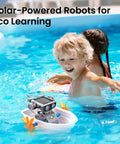 Child playing with Solar Robot Building Kit For Kids 8-13 DIY STEM Toy in pool, showcasing its solar-powered functionality.