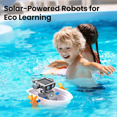 Child playing with Solar Robot Building Kit For Kids 8-13 DIY STEM Toy in pool, showcasing its solar-powered functionality.