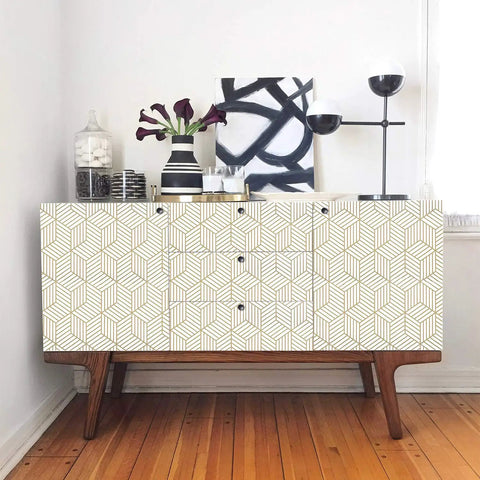 Cabinet decorated with Geometric Hexagon Peel And Stick Wallpaper Removable Self Adhesive Vinyl Film For Walls And Shelves And Drawers And Furniture 17.71 Inch By 118 Inch Roll Easy To Apply No Mess Home Makeovers, placed in a modern room.
