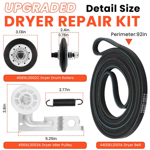 Dryer Repair Kit With Drum Roller Belt And Idler Pulley Replacement Parts 4581EL2002C 4400EL2001A 4561EL3002A size details