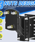 Heavy Duty Trailer Spare Tire Mount Bracket Carrier for Boat and RV Built Tough Fits Most 4 5 6 Lug Wheels On Four To Five And A Half Inch Bolt Patterns Holds Up To One Hundred Sixty Pounds Steel T Shaped Reinforcing Rib Construction Easy Install, black steel bracket with 3-nut design.