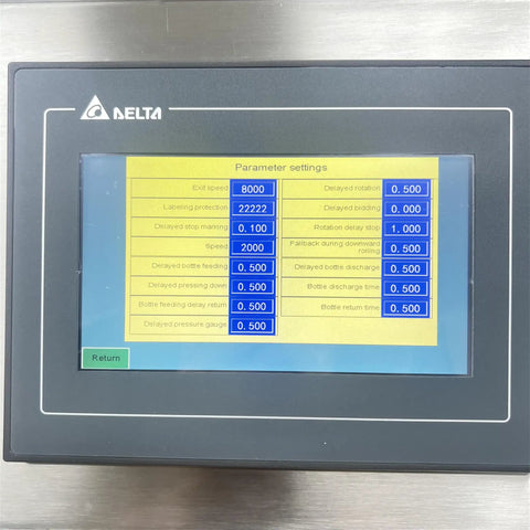 Control panel displaying settings for No Sweat Automatic Desktop Conveyor Labeler Supports 110V Power And Cracks Out Up To Sixty Labels Per Minute For Round Or Hex Bottles With Precision Fiber Optic Sensors.