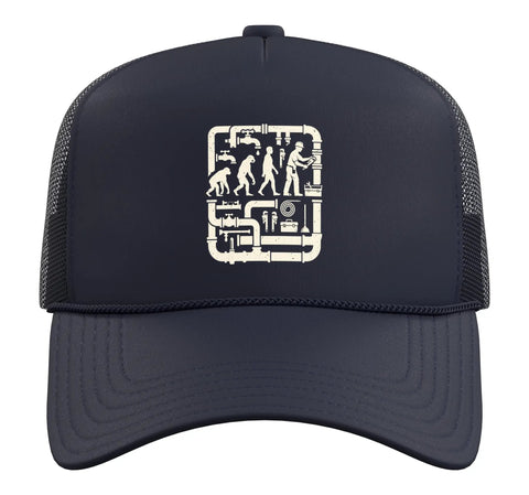 Navy blue Evolution Plumbers Pipe Repair Trade Job Graphic Trucker Hat with adjustable mesh back features evolution print.