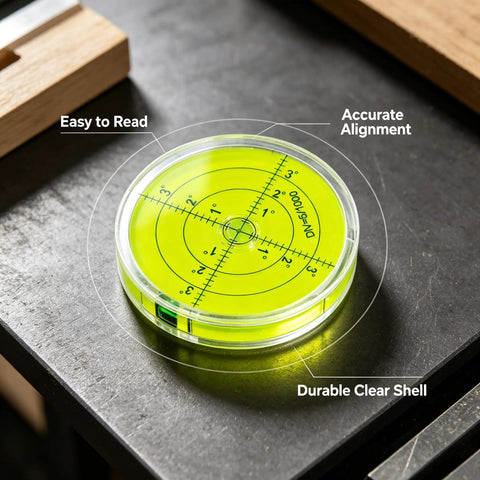 Magnetic Round Bubble Level Tool Bullseye Inclinometer Machinist on a surface with clear measurement grid and durable shell.