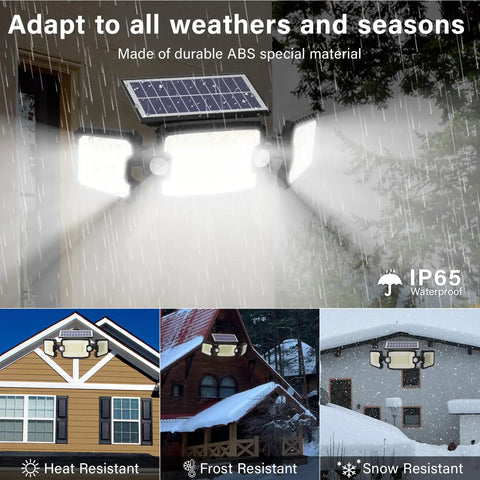 Three Head Solar Outdoor Flood Lights With Dual Motion Sensors Bangin 180 Degree Coverage shown resisting weather
