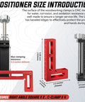 Heavy Duty 90 Degree Corner Clamps For Woodworking Set With Aluminum Positioning Squares And 4 C Clamps Rock Solid Right Angles For Cabinets Frames And Drawers Fast Setup And Crisp Precise Joints, size guide with 90° square and C-clamp dimensions