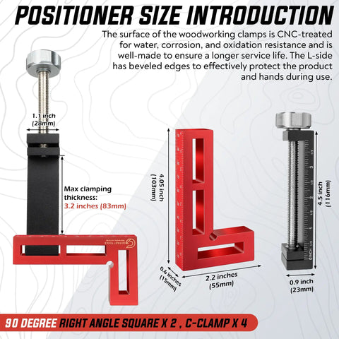 Heavy Duty 90 Degree Corner Clamps For Woodworking Set With Aluminum Positioning Squares And 4 C Clamps Rock Solid Right Angles For Cabinets Frames And Drawers Fast Setup And Crisp Precise Joints, size guide with 90° square and C-clamp dimensions