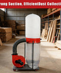 Crush Woodshop Messes With This Heavy Duty Vertical Woodworking Dust Collector, 15 gallon bag, sturdy design in workshop.