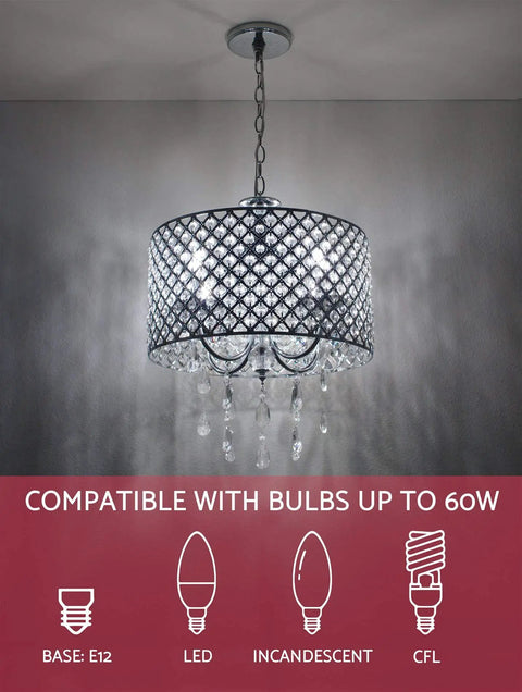 Briolette 16 Inch Four Light Crystal Chandelier with chrome drum shade and teardrop crystals hanging, adjustable height visible