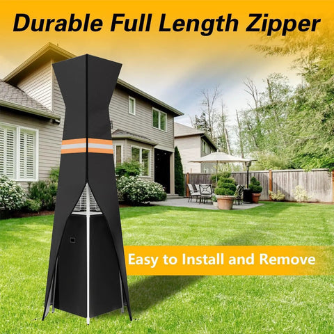 Pyramid Torch Patio Heater Cover with Zipper Storage Bag and Reflective Strip, installed outdoors on a patio, black 90H x 23L x 23W