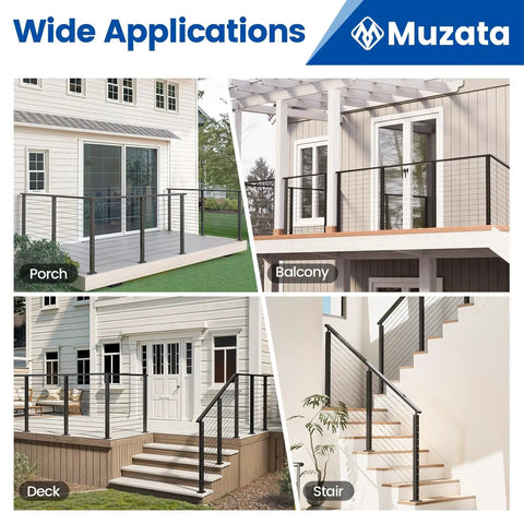 15 To 20 Ft Modular Black Cable Railing Kit With 42 Inch Posts in various settings like porch, balcony, deck, and stair
