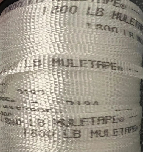 Close-up of 9/16 Inch Pull Tape Webbing 825 Feet Long 1800 Lb Tensile Polyester Mule Tape for Heavy Duty Lashing, Rope, and Strapping Easy Cut High Impact Spool Made in USA