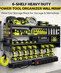 Six Shelf Heavy Duty Power Tool Organizer Wall Mount With Drill Holder Slots Side Screwdriver Racks and Hook Bar for Garage Storage