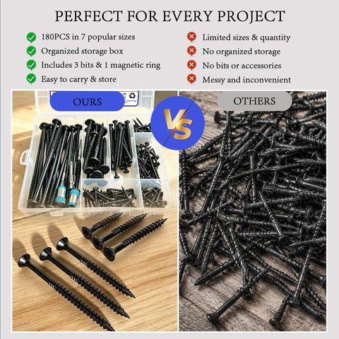 180 Piece Wood Screw Kit For Diy Projects With Pro Grade Star Drive Deck Screws And Exterior Epoxy Coating, Rust Resistant Outdoor Wood Screws, Includes Seven Popular Sizes 8 10 14 And 3 Star Drive Bits in organized case