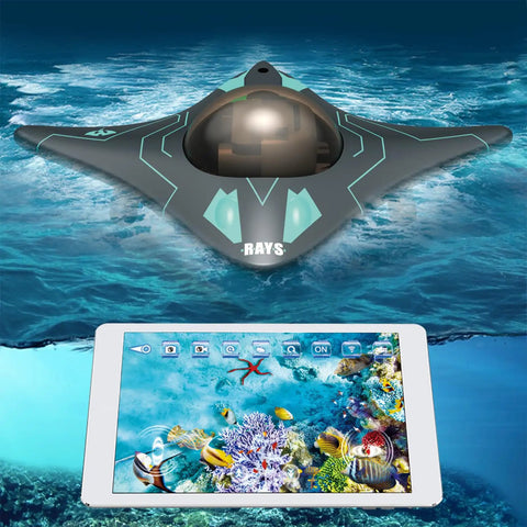 Underwater Camera Drone Boat With App Control Dope Waterproof RC Submarine and tablet displaying underwater feed.