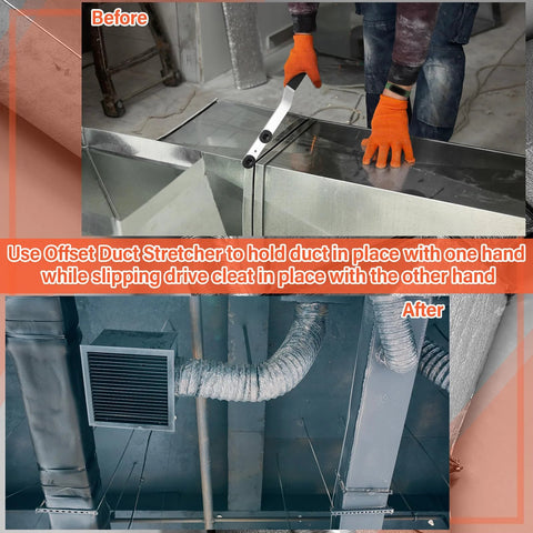 Blulu 16-inch offset duct stretcher, metal tool with offset handle for HVAC sheetmetal ducts (before/after view)