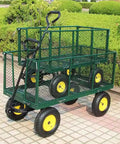 Beefy All Terrain Utility Cart Heavy Duty Garden Trailer With 110-330 Lbs Load Capacity features solid wheels and mesh sides in park setting.