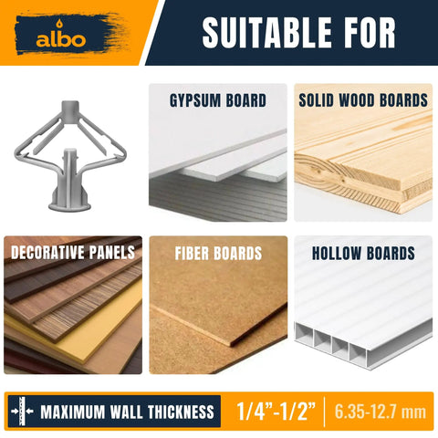 Knockout Drywall Anchor Kit With Screws For Hollow Walls contains drywall anchor for gypsum, solid wood, fiber, decorative, and hollow boards.