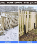 Adjustable Fence Post Repair Kit With Pro Grade Heavy Duty Steel Ground Spike And H Design For Rotted Tilted Or Leaning Wood Posts Quick Fix For Strong Long Lasting Fence Stability And Easy Install before and after installation on wooden fence.