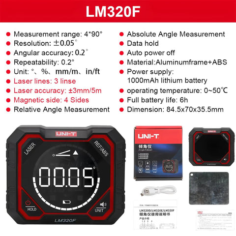 Pro Grade Laser Inclinometer And Digital Angle Meter For Absolute And Relative Readings Magnetic Inclinometer With LED Backlit Rotatable Screen 4x90 Degree Measurement Multi Unit Support MM Per Meter And Inches Per Foot Rechargeable 1000mAh Battery, LM320F