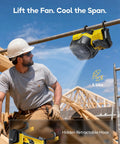 Cordless Misting Fan For DeWalt 20V Max Battery, Personal Cooling On The Go, hanging on a jobsite with retractable hook
