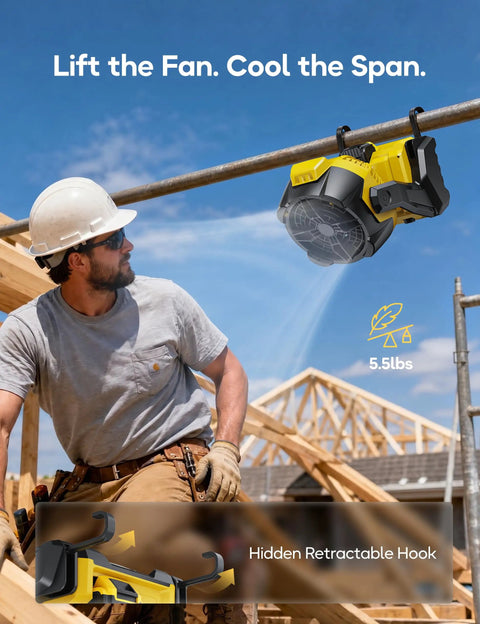 Cordless Misting Fan For DeWalt 20V Max Battery, Personal Cooling On The Go, hanging on a jobsite with retractable hook