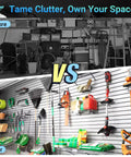 Dang Tough Four By Eight Slatwall Panel Kit With Quick Snap Lock PVC Garage Wall Organizer showcasing organized tools and equipment.