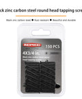 Heavy Duty No 4 Wood Screws Three Quarters Inch Black Zinc Plated Carbon Steel Phillips Pan Head Self Tapping Full Thread 150 pieces in packaging