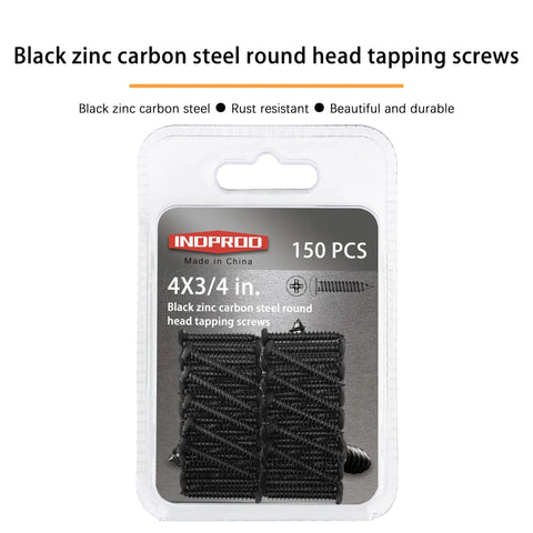 Heavy Duty No 4 Wood Screws Three Quarters Inch Black Zinc Plated Carbon Steel Phillips Pan Head Self Tapping Full Thread 150 pieces in packaging