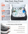 Open Waterproof Cooler Backpack For 30 Cans, Insulated Leakproof Portable Cooler Bag, showing cooling layers and drinks inside.