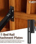 Smooth Swap Bolt To Hook Bed Frame Brackets Universal Headboard Adapter Hardware installed on wooden bed frame with adjustable height.
