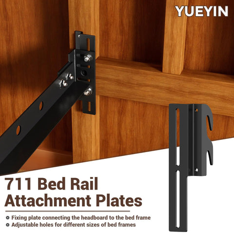 Smooth Swap Bolt To Hook Bed Frame Brackets Universal Headboard Adapter Hardware installed on wooden bed frame with adjustable height.