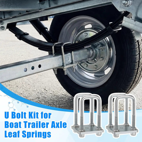 High Grade Square U Bolt Kit For Boat Trailer Leaf Spring Axle Install With Solid Mounting Plates and Tight Hex Nuts For 2x2 Inch Tubes 4 3/4 Inches Long on a trailer axle.