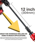 Hole saw extension chuck, 12-inch length, 1/2-inch hex shank, red locking collar, attached to cordless drill.