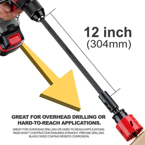 Hole saw extension chuck, 12-inch length, 1/2-inch hex shank, red locking collar, attached to cordless drill.