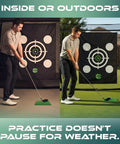 Man using Backyard Ready Golf Hitting Net Ten By Eight By Five And A Half Feet With Silent Target Tarp indoors and outdoors