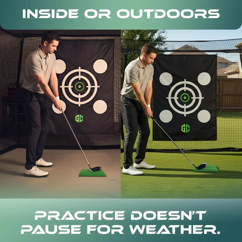Man using Backyard Ready Golf Hitting Net Ten By Eight By Five And A Half Feet With Silent Target Tarp indoors and outdoors