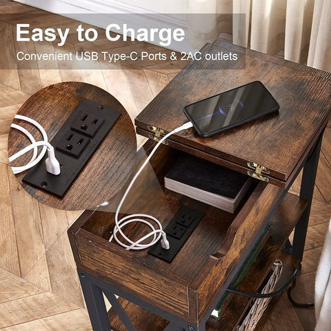 Wooden end table with outlets and USB-C ports, demonstrating charging functionality, part of Floor Lamp With Table And USB Type C Ports set